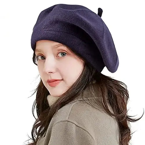 2 Layers French Beret Hats for Women, Wool Soft Warm Cable Knit Beanie Cap 
