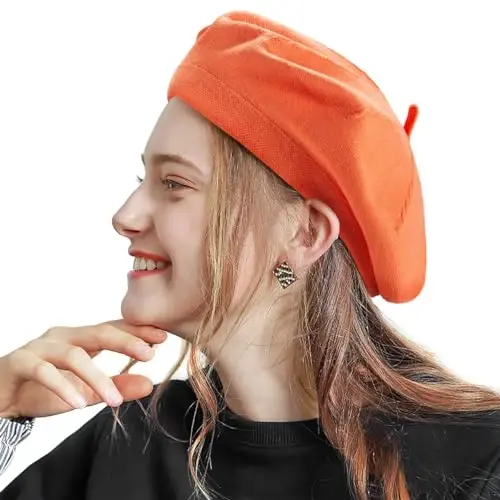 2 Layers French Beret Hats for Women, Wool Soft Warm Cable Knit Beanie Cap - 1