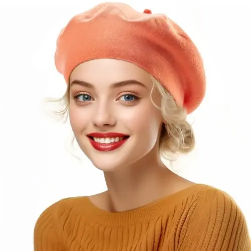 2 Layers French Beret Hats for Women, Wool Soft Warm Cable Knit Beanie Cap - 2