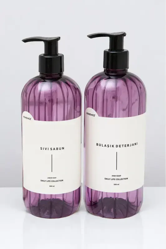 2-компонентный набор для кухни: пластиковая бутылка с этикеткой для средства для мытья посуды и жидкого мыла, фиолетовая мыльница, 500 мл - ФИОЛЕТОВЫЙ - 8
