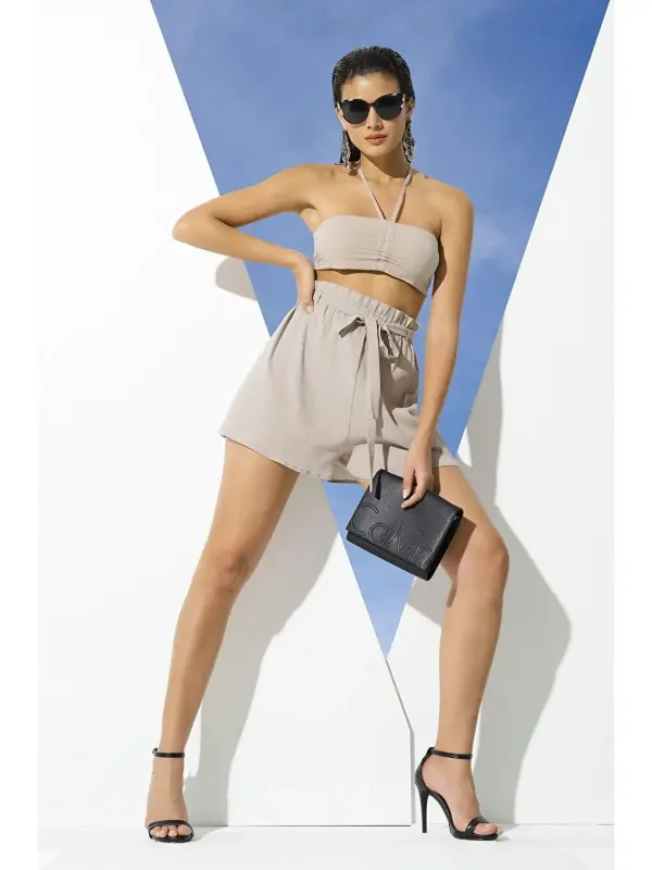 2-компонентный органический комплект бюстье и шорт из джерси с камнями – бежевый - 4