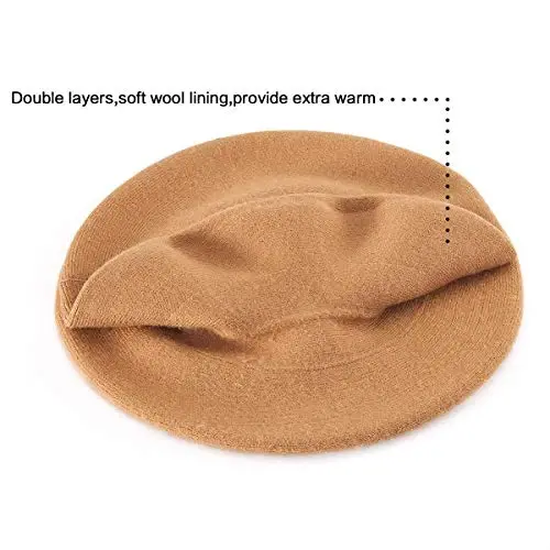 2 Layers French Beret Hats for Women, Wool Soft Warm Cable Knit Beanie Cap - 3
