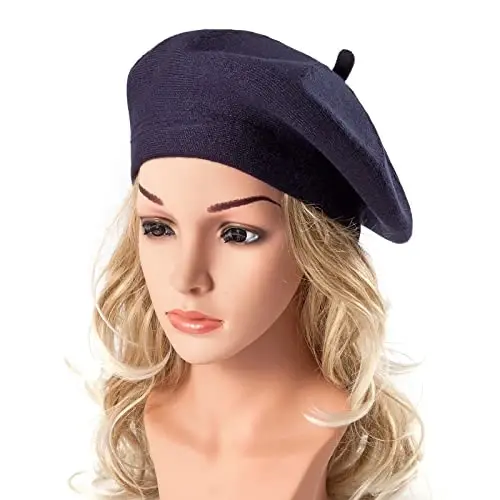 2 Layers French Beret Hats for Women, Wool Soft Warm Cable Knit Beanie Cap - 5