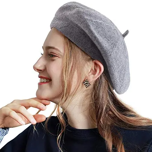 2 Layers French Beret Hats for Women, Wool Soft Warm Cable Knit Beanie Cap - 1