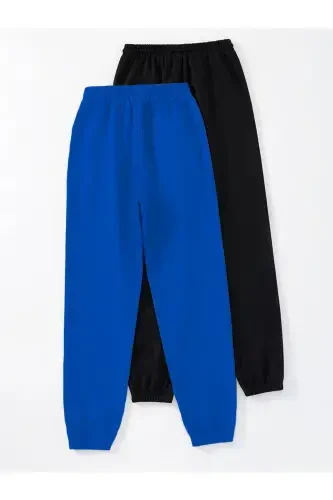 2-li Baskılı Jogger Eşofman Altı - Siyah Ve Sax Mavi Lastik Paça Yüksek Bel Yazlık-Siyah Sax Baskı - 2