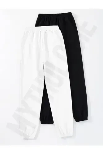 2 li Bosmasiz Jogger Sport shim - Qora Va Oq Rezina Pachali Yuqori Bel Yozgi-Qora Oq Asosiy - MYTHOLOGIE (1)