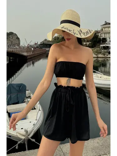 2 li Bustiyerli Qora Pastki Short Kombinzon - Qora - 3