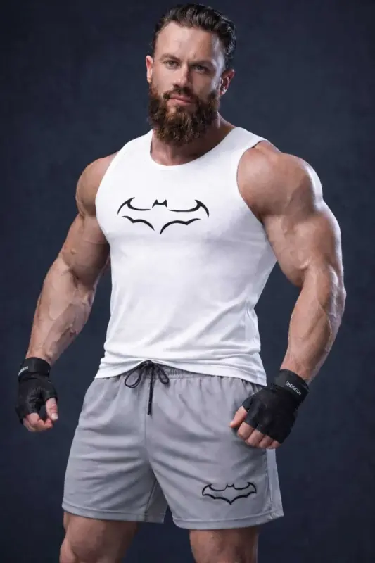 2 li erkek takım trend gri sort ve beyaz atlet spor giyim-beyaz - TREND ALİSSE