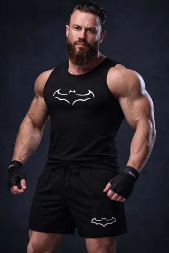 2 li erkek takım trend siyah sort ve siyah atlet spor giyim-siyah 