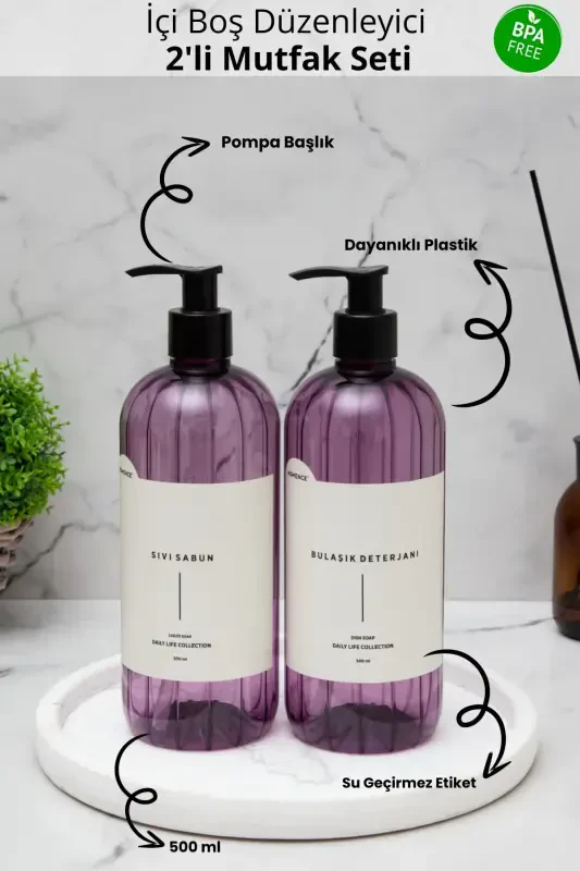 2 li Idish Yuvish Vositası Va Suyuq Sovun Etiketli Plastik Butilka Oshxona Seti Binafsha Sovun Idishi 500 ml-BİNAFSHA - 2