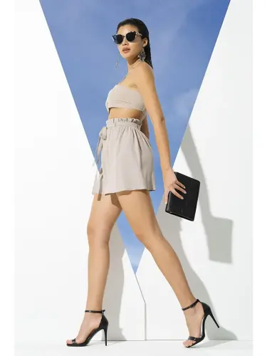 2 li Organik Ip Gazlama Taş Bustiyer Short To'plami-Bej - 1