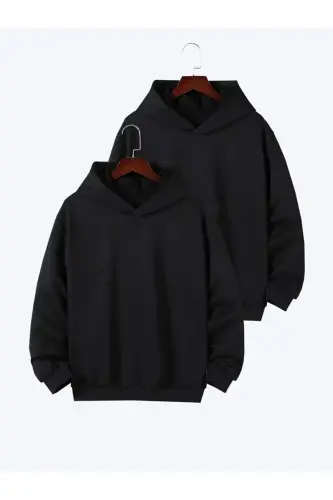 2 li Paket Kız-Erkek Çocuk Baskısız Kapüşonlu Sweatshirt - 2 - 1