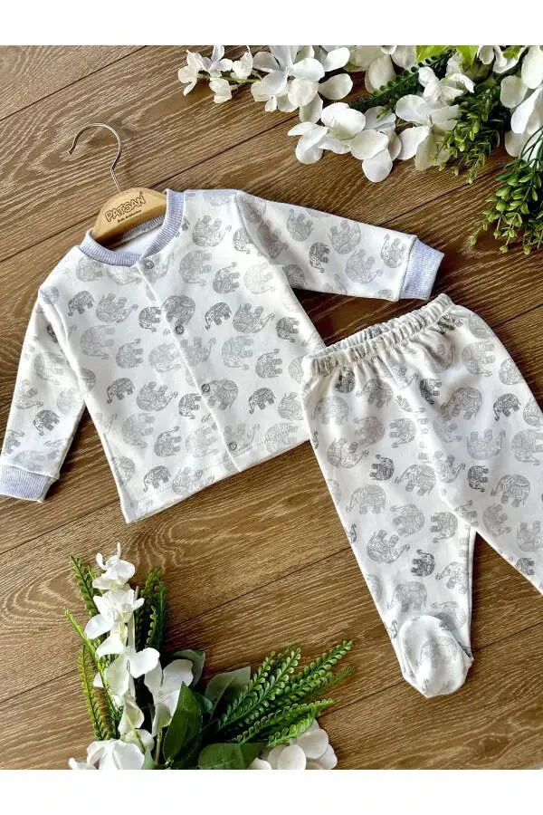 2 li Penye Chaqaloq Pastki Yuqori Paypoqli Pijama To'plami Fil - 2