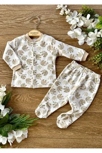 2 li Penye Pastki Ustki Oyoqli Bolalar Pijama To plami Fil Kahva-Qahverang - RENKLI PUSET (1)