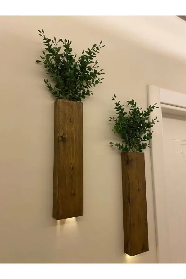 2 Li Ledli Ahşap Çiçeklik Dekoratif Aydınlatma Yapay Çiçek Balkon Dekoru Otel Rustik Pil Hariç 40cm-Ceviz - 1