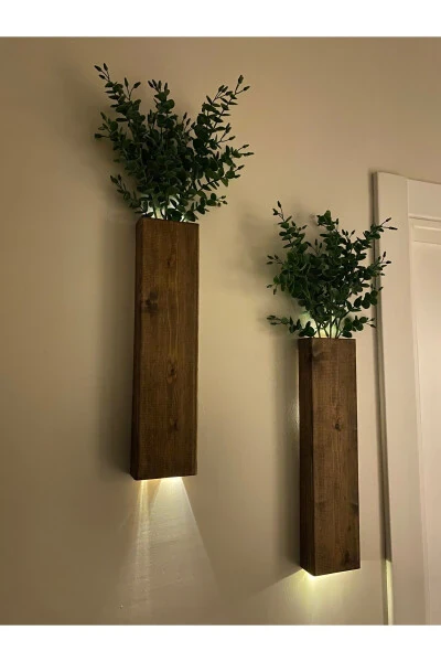 2 Li Ledli Ahşap Çiçeklik Dekoratif Aydınlatma Yapay Çiçek Balkon Dekoru Otel Rustik Pil Hariç 40cm-Ceviz - VIRAHOME (1)