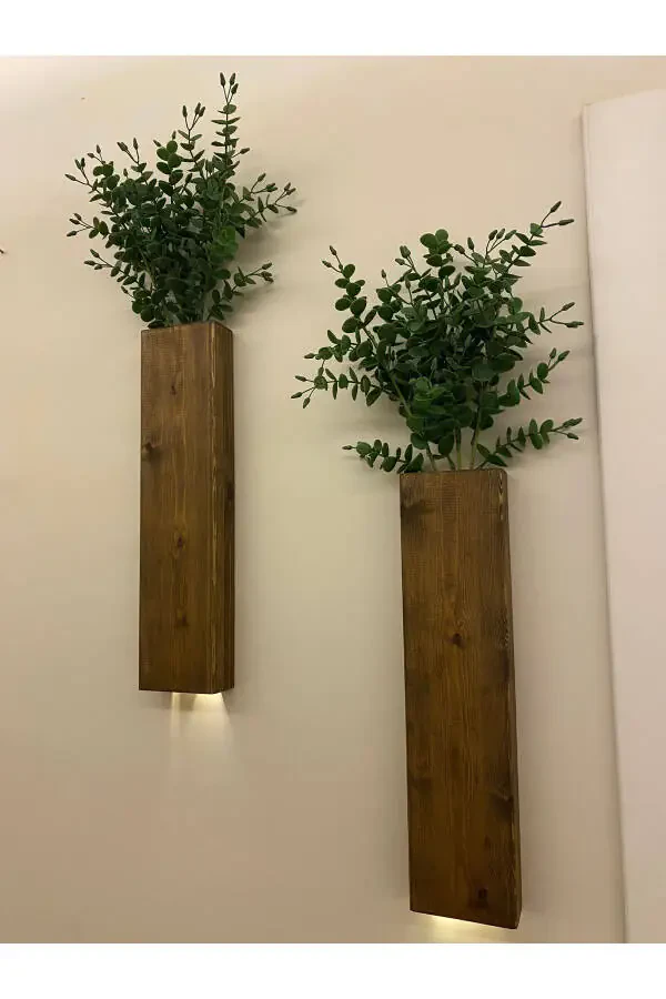 2 Li Ledli Ahşap Çiçeklik Dekoratif Aydınlatma Yapay Çiçek Balkon Dekoru Otel Rustik Pil Hariç 40cm-Ceviz - 4