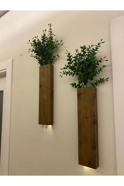 2 Li Ledli Ahşap Çiçeklik Dekoratif Aydınlatma Yapay Çiçek Balkon Dekoru Otel Rustik Pil Hariç 40cm-Ceviz - 6