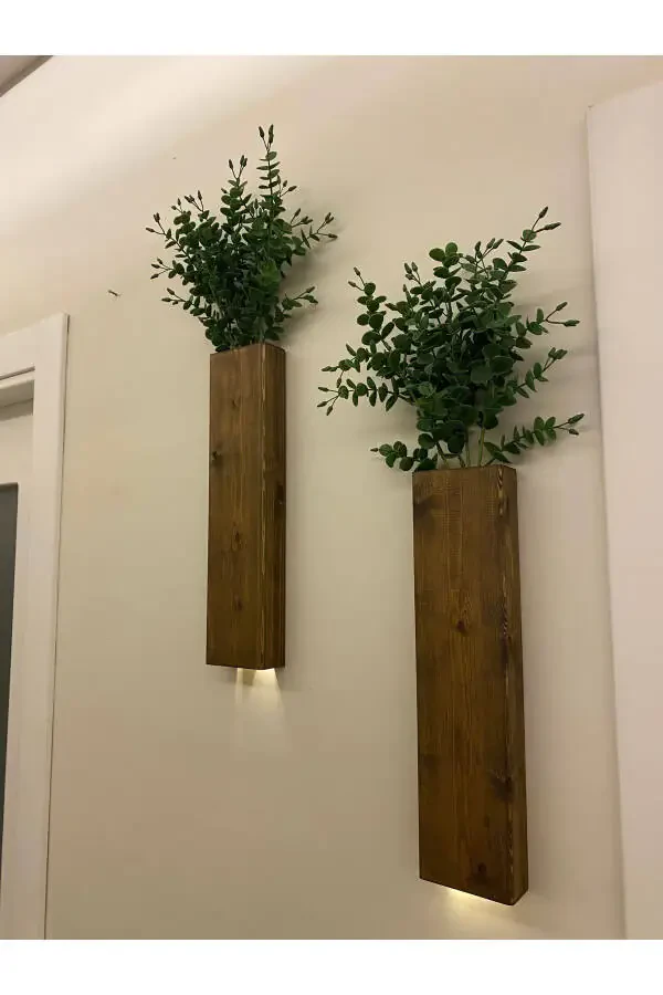 2 Li Ledli Ahşap Çiçeklik Dekoratif Aydınlatma Yapay Çiçek Balkon Dekoru Otel Rustik Pil Hariç 40cm-Ceviz - 6