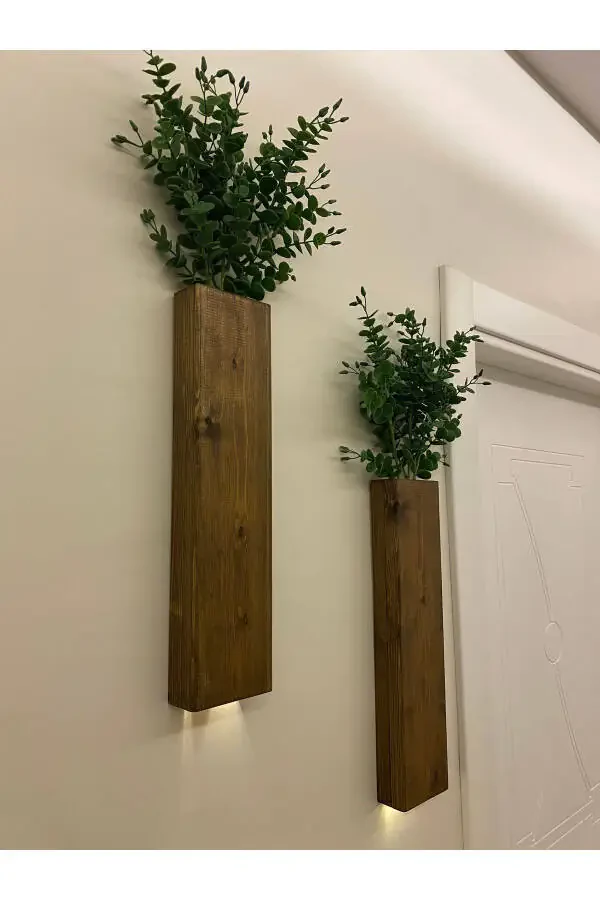 2 Li Ledli Ahşap Çiçeklik Dekoratif Aydınlatma Yapay Çiçek Balkon Dekoru Otel Rustik Pil Hariç 40cm-Ceviz - 7