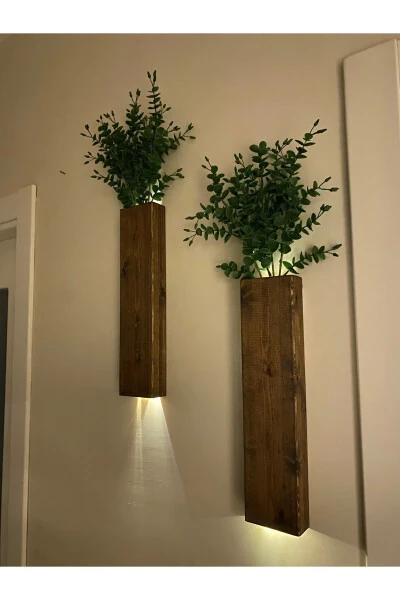 2 Li Ledli Ahşap Çiçeklik Dekoratif Aydınlatma Yapay Çiçek Balkon Dekoru Otel Rustik Pil Hariç 40cm-Ceviz - 8