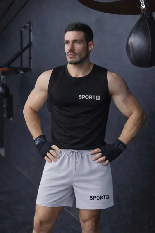 2 li takım dynamic set erkek gri sort ve siyah atlet spor takım yazlık rahat alt üst-siyah - TREND ALİSSE