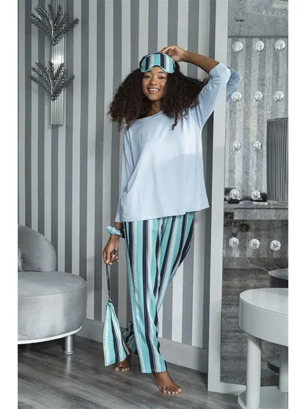 2-линейный вискозный синий комплект пижамы с длинными рукавами - синий - 3