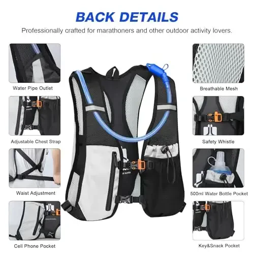 KUYOU Running Hydration Vest - Lightweight Insulated Hydration Backpack with 2L Water Bladder, Adjustable Chest Straps and Reflective Water Backpack for Trail Running Marathon Race Hiking Cycling - 3