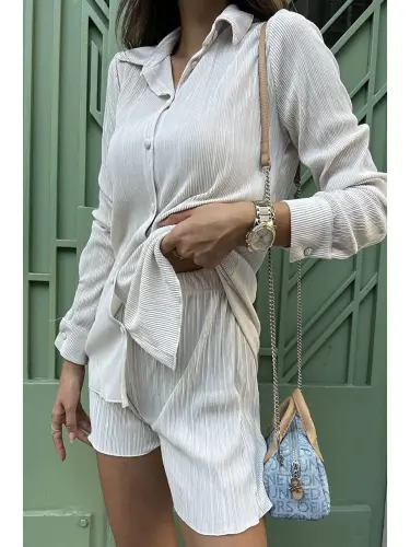 2-местный Плиссированный Рубашка Шорты Камень Комплект-Бежевый - 3