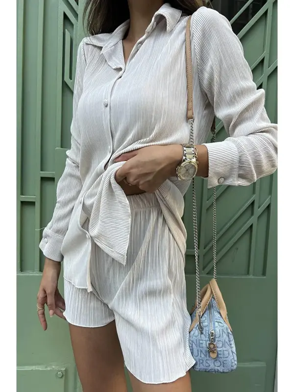 2-местный Плиссированный Рубашка Шорты Камень Комплект-Бежевый - 3