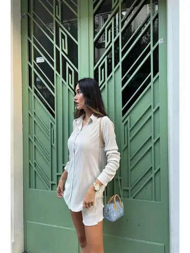 2-местный Плиссированный Рубашка Шорты Камень Комплект-Бежевый - 4