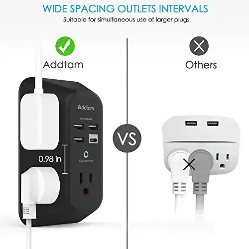 2 Pack Addtam USB Wall Charger Surge Protector, 5 Outlet Extender with 4 USB Charging Ports (1 USB C Outlet) 3 Sided 1800J Power Strip Multi Plug Outlets, Wall Adapter Spaced for Home Office, Black - 3