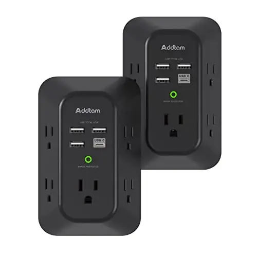 2 Pack Addtam USB Wall Charger Surge Protector, 5 Outlet Extender with 4 USB Charging Ports (1 USB C Outlet) 3 Sided 1800J Power Strip Multi Plug Outlets, Wall Adapter Spaced for Home Office, Black 