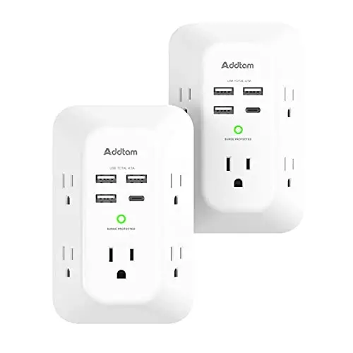 2 Pack Addtam USB Wall Charger Surge Protector, 5 Outlet Extender with 4 USB Charging Ports (1 USB C Outlet) 3 Sided 1800J Power Strip Multi Plug Outlets, Wall Adapter Spaced for Home Office, White - ADDTAM