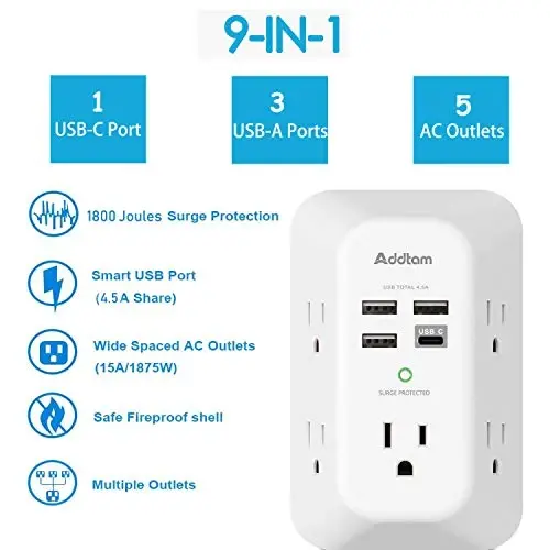 2 Pack Addtam USB Wall Charger Surge Protector, 5 Outlet Extender with 4 USB Charging Ports (1 USB C Outlet) 3 Sided 1800J Power Strip Multi Plug Outlets, Wall Adapter Spaced for Home Office, White - 2