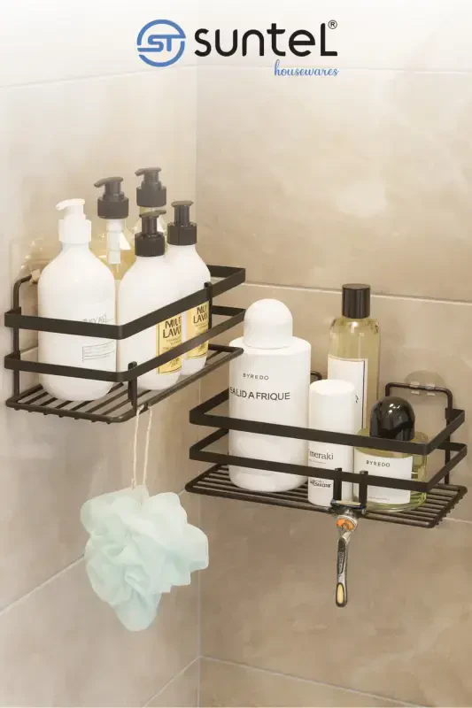 2 Pack Adhesive & Hooks Bathroom Shelf, Sticky Bathroom Organizer, No Drilling - 1