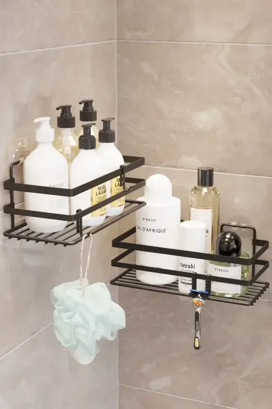 2 Pack Adhesive & Hooks Bathroom Shelf, Sticky Bathroom Organizer, No Drilling - 2