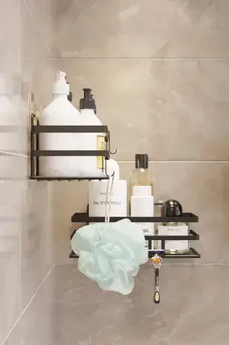 2 Pack Adhesive & Hooks Bathroom Shelf, Sticky Bathroom Organizer, No Drilling - 3