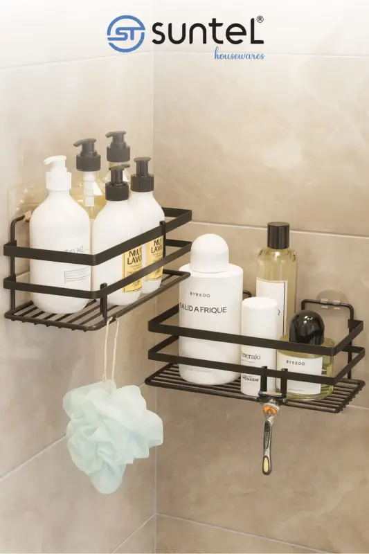 2 Pack Adhesive & Hooks Bathroom Shelf, Sticky Bathroom Organizer, No Drilling - 2