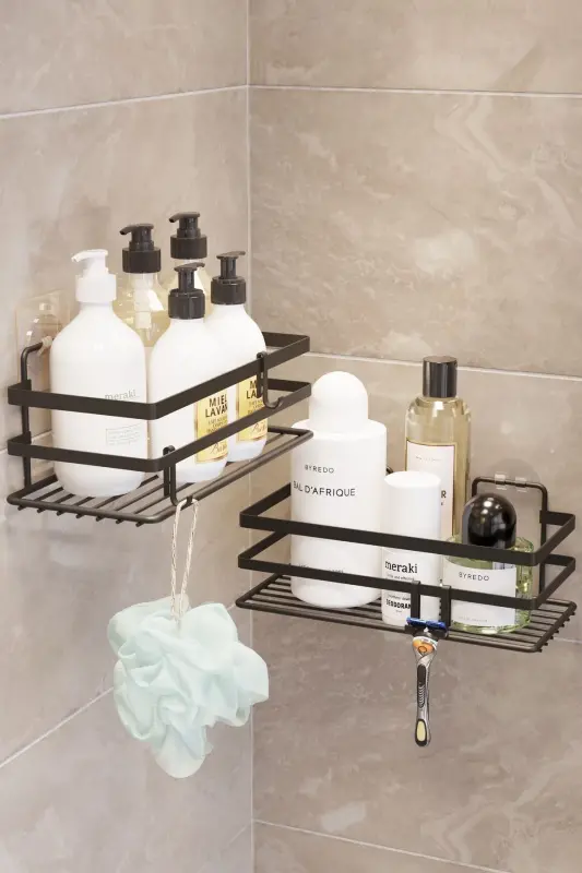 2 Pack Adhesive & Hooks Bathroom Shelf, Sticky Bathroom Organizer, No Drilling - 3