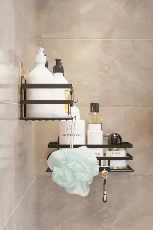 2 Pack Adhesive & Hooks Bathroom Shelf, Sticky Bathroom Organizer, No Drilling - 4