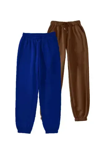 2-pack Basic Plain Jogger Sweatpants - Brown And Petrol Blue Elastic Hem High Waist Summer-Petrol Blue - 1