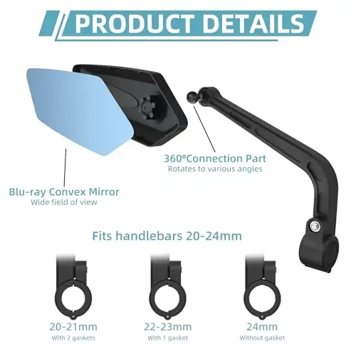 2 Pack Bicycle Mirror for Handlebar, Bike Rear View Mirror(Blu-ray Version) | Bike Mirror Handlebar Mount, 360° Adjustable Scratch Resistant Glass Lens, Bike Universal Fit Accessories - Raoot (1)