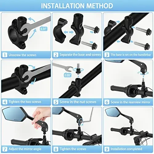 2 Pack Bike Mirrors, eBike Mirrors for Handlebars (Blu-ray Version) | 360° Adjustable Safety Bicycle Rear View Mirrors, Scratch Resistant Glass Lens, Bicycle Universal Fit Accessories - 4