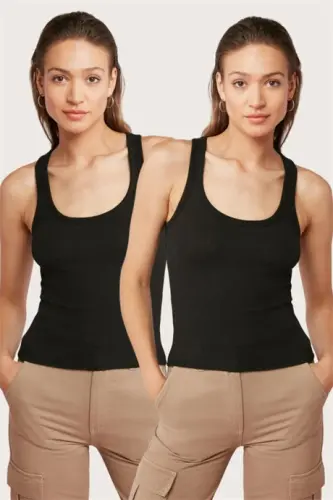 2 Pack Black Women's Lace Trim Cami Tank Top Thick Strap Basic - 1