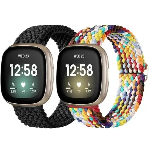 2 Pack Braided Stretchy Band Compatible for Fitbit Sense & Sense 2 Bands / Fitbit Versa 3 & 4 Bands, Classic Soft Breathable Adjustable Sport Smartwatch Replacement Wristband for Women Men - 1