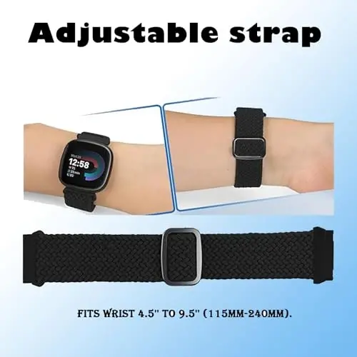 2 Pack Braided Stretchy Band Compatible for Fitbit Sense & Sense 2 Bands / Fitbit Versa 3 & 4 Bands, Classic Soft Breathable Adjustable Sport Smartwatch Replacement Wristband for Women Men - 3