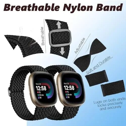 2 Pack Braided Stretchy Band Compatible for Fitbit Sense & Sense 2 Bands / Fitbit Versa 3 & 4 Bands, Classic Soft Breathable Adjustable Sport Smartwatch Replacement Wristband for Women Men - 2 (1)