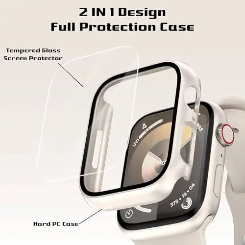 2 Pack Case for Apple Watch 44mm SE Series 6/5/4/SE 2nd Gen with Tempered Glass Screen Protector, EWUONU Full Protective Cover Hard PC Bumper Face Cover for iWatch 44mm (Starlight) - 2