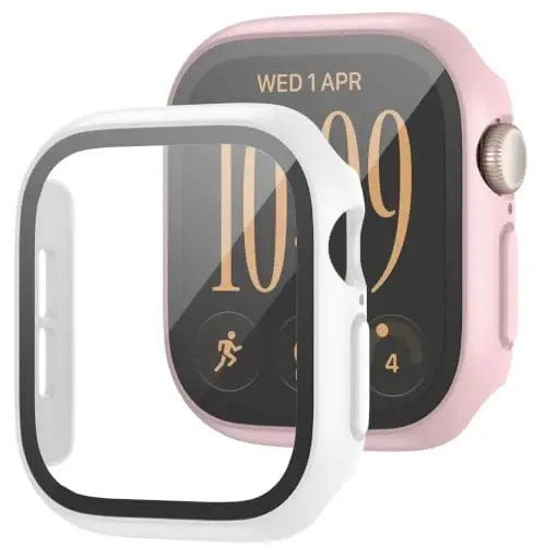 2 Pack Case with Screen Protector for Apple Watch Series 12 42mm,Pink+White | JZK Full Hard PC Cover with Tempered Glass for Apple Watch 12(2026),HD,Slim Guard Bumper,Protective Case for iWatch 12 42mm - 1